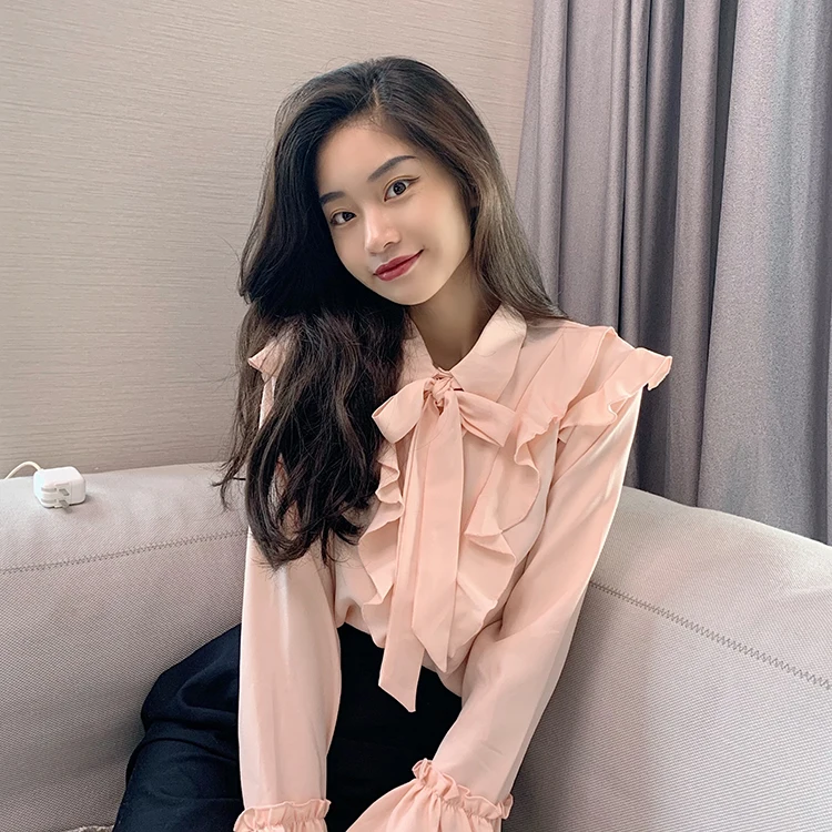 Blusa de mujer; новые женские блузки в корейском деловом стиле элегантные и топы для девочек, детские комплекты осень, банты, гофрированный шифон рубашка женская A5839 - Цвет: Pink