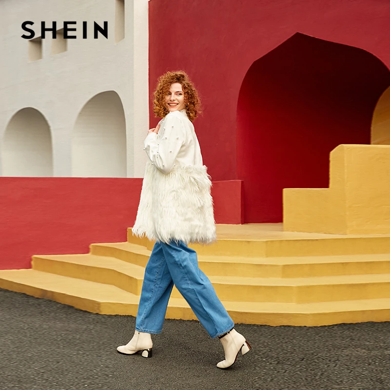 SHEIN Контрастное Пальто С Бусинами И Эко Мехом Стильное Пальто|Куртки| |