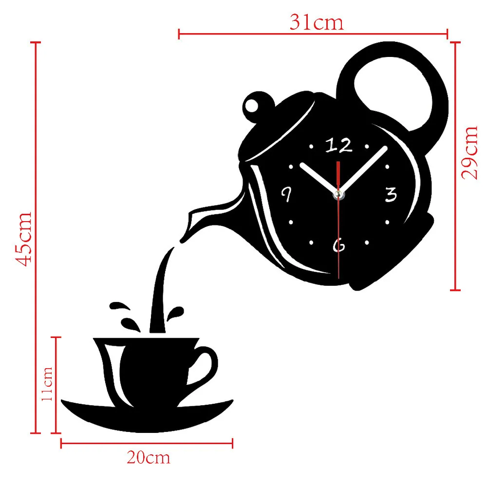 Настенные часы чайник Часы настенные зеркальные эффект форма кофейной чашки украшение домашний декор для кухни декор для гостиной Винтаж 19AUG20