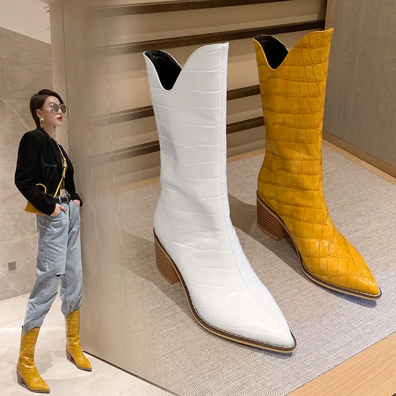 MORAZORA/Новые модные брендовые ботинки в западном стиле; Винтажные ботинки с острым носком на высоком каблуке; сезон осень-зима; женские ботинки до середины икры; большие размеры 43