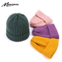 Winter Solid Color Knit Wool Beanie for Children Fashion Casual Hat Warm Female Soft Thicken Hedging Cap Slouchy Bonnet Ski Cap