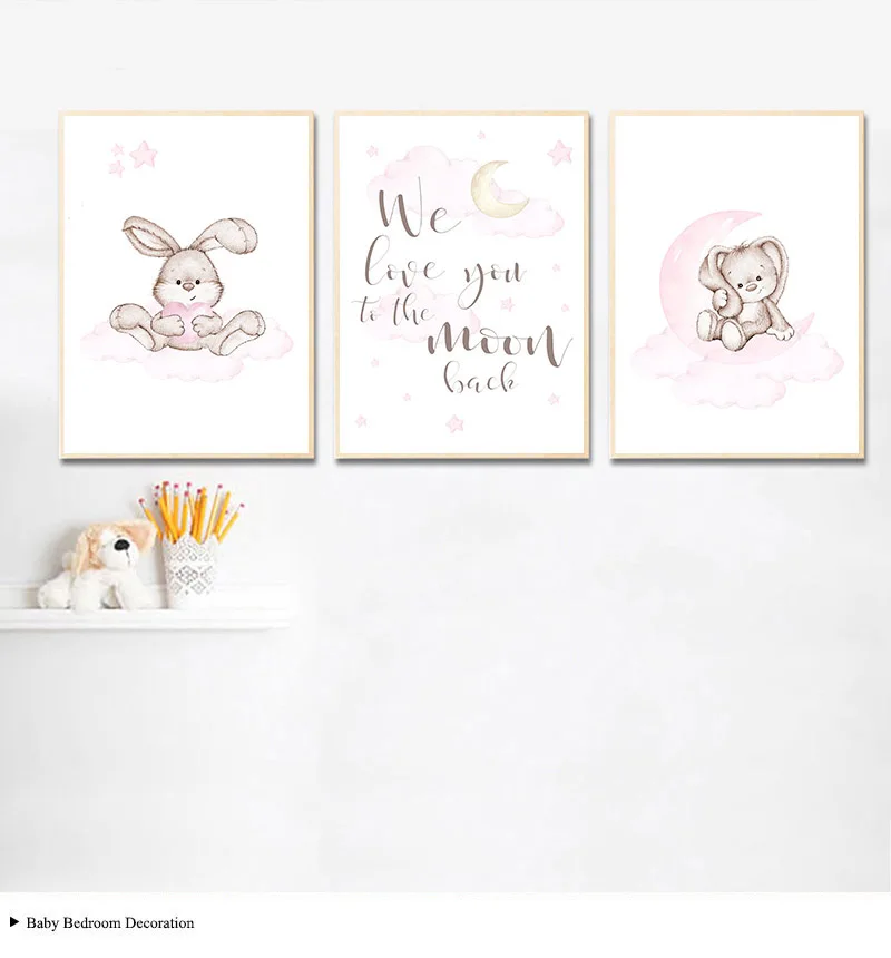 Розовый кролик мультфильм детский плакат Кролик Луна детские стихи отпечатанная на холсте Картина Настенная живопись скандинавский ребенок декоративный постер для комнаты