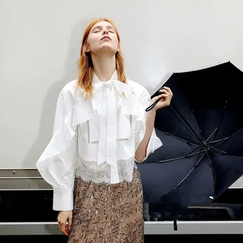 

2020 Early Autumn New Versatile Ribbon Design Ruffles Edge Lace Splicing Long Sleeves Hollow Out White Shirt Woman Fashion