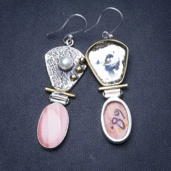 

Natural Two Tones Pink Spotted Jasper and River Pearl Handmade 925 Sterling Silver Earrings 2.25" Y0538