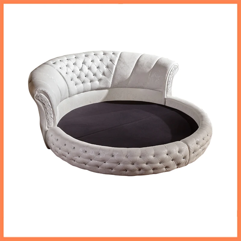 Genuine Leather multifunctional bed frame Nordic camas ultimate bed round night stands with crystal buttons white color