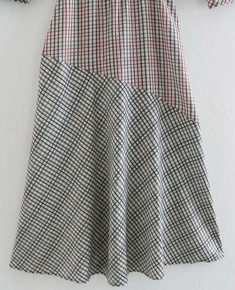 Za Summer Plaid Midi Dress Women O-neck Draped Dresses Long Sleeve Gathered Waist Lady Fashion Office Dress Back Buttons and Zip
