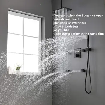 

Thermostatic 4 Pcs Body Jet Rectangular 12 x 8 Inch Ceiling Rainfall Shower System Set Black Finish