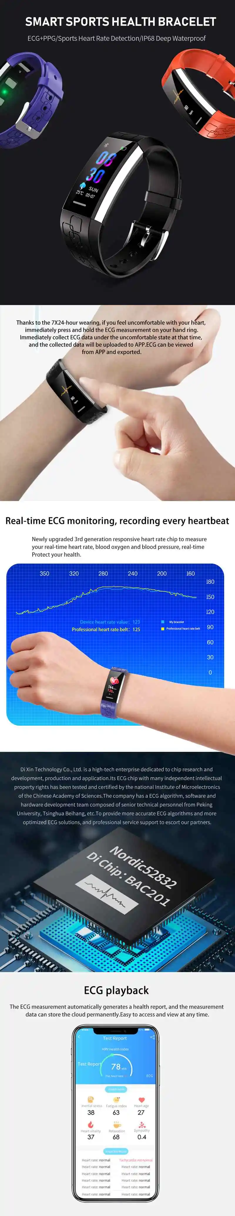 Сенсорный экран IP68 Водонепроницаемые Смарт-часы ECG+ PPG монитор кровяного давления пульса вибрация Fitnes спортивный браслет