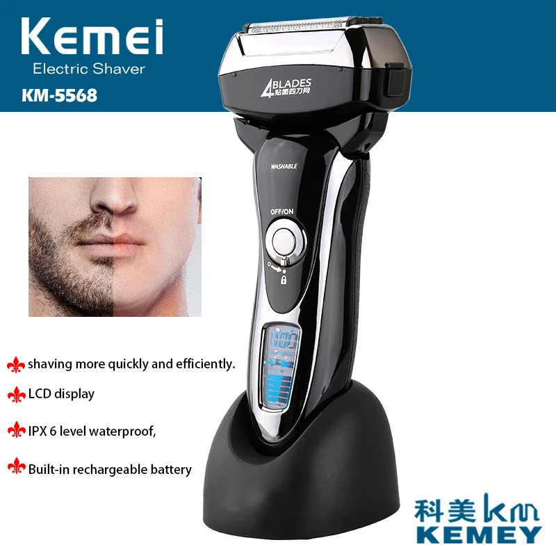 

Kemei Rechargeable Electric Shaver for Man Cordless Razor LCD Display Body Shaving Machine Waterproof 4 Blade Razor Trimmer F30