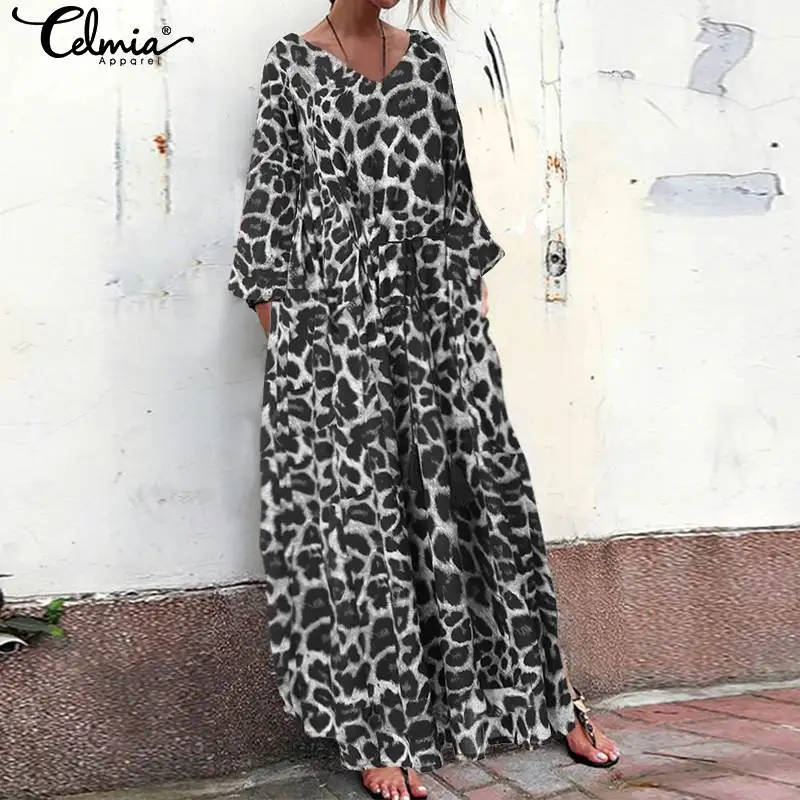 

2019 Celmia Autumn Women Leopard Print Ruffles Dress Casual Loose Flare Sleeve V-Neck Party Dress Femme Long Maxi Vestidos Mujer