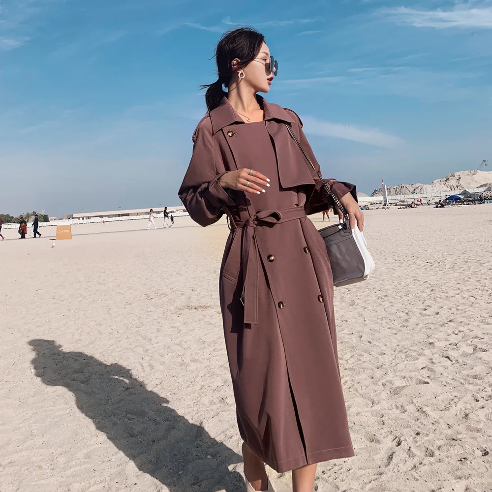

Photo Shoot 2019 Spring New Style Korean-style WOMEN'S Wear-Style Retro British Style Double Breasted Long Waist Hugging Trench