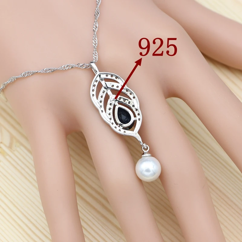 925 Silver Jewelry Set For Women Engagement Gift Blue Stone White Pearl Heart Shape Bracelet Necklace Pendant Earrings Open Ring - 6