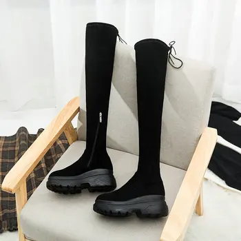 

2019 Women Boots Winter Over The Knee Boots Flock Waterproof Platform Boots Sewing Spring Autumn Ladies Boots Size 34-40