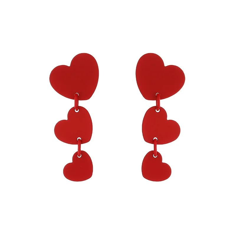 Chinese New Year Gifts Fashion Red Love Heart Clip Earrings Women Cute Simple Three Red Heart Clip on Earrings Without Piercing