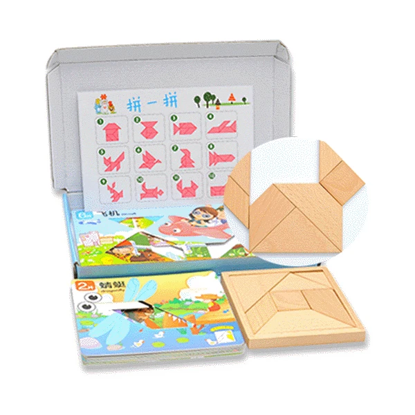 Цвет: желтый Tangram головоломка детская деревянная игрушка обучающая головоломка набор, раннее образование головоломка+ 15 двухсторонних шаблонов Геометрическая головоломка - Цвет: Цвет: желтый