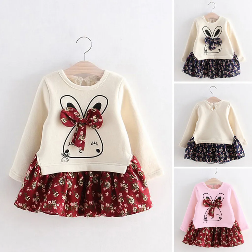 Сезон осень-зима; Модные Вечерние Платья принцессы с цветочным принтом и рисунком кролика; платье для маленьких девочек