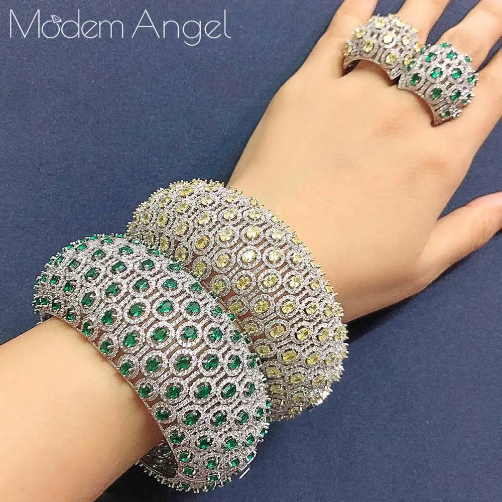 ModemAngel Charms Cubic Zircon All Over Full Bangle Ring 2PCS Jewelry Sets For Women Brand Nigerian Dubai Wedding Jewelry S