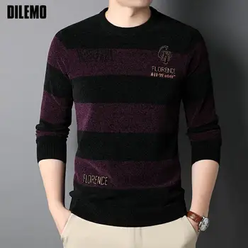 DILEMO-니트 크루 풀오버, 남성 최고 품질, 두껍고 따뜻한 최신 가을 패션 브랜드, 단색 스트라이프 스웨터, 겨울 캐주얼 남성 의류