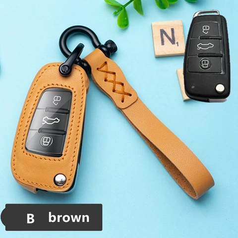 For B key brown Автомобильный натуральный кожаный брелок чехол карман для Audi Q7 TT B9 A6 A4 A3 A5 A7 S6 S7 S8 SLINE A3 C6 A3 Quattro Sline - Название цвета: For B key brown