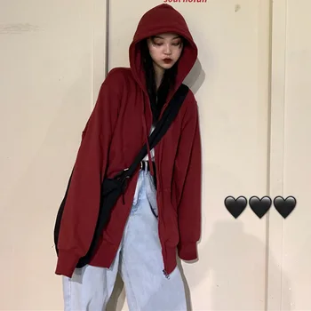

Red Sweater 2020 New Style Spring And Autumn Season Korean Wine Red Top Loose Student Zipper Lian Thin Cap Coat Female
