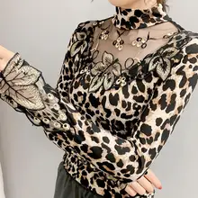 Spring Autumn Sexy Lace Women Shirts Long Sleeve Leopard Print Leaf Embroidery Sheer Basic Blouse Casual Shirts Women's Apparel
