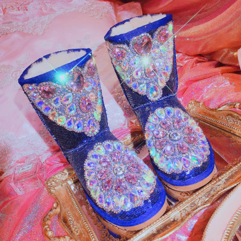 

Womens Round Toe Ankle Boots Sequins Bling Rhinestones Crystal Fleece Liner Thicken Warm Winter Snow Shoes Low Heel Luxury A1713