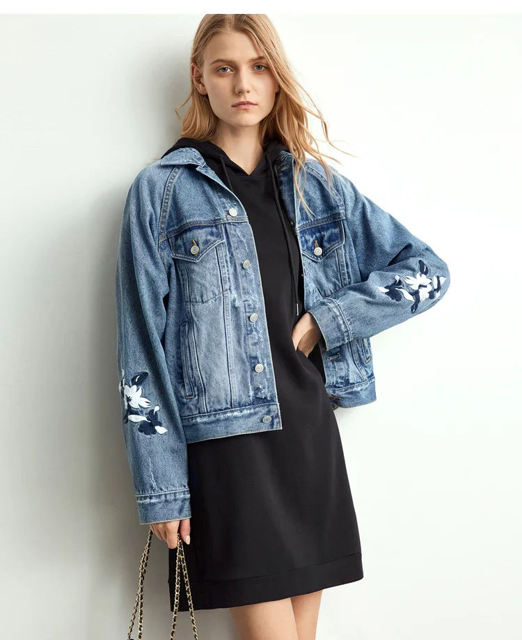 Amii Minimalist Fashionable Casual Coat Fall New Loose Washing Water for Old Embroidered Jeans Jacket