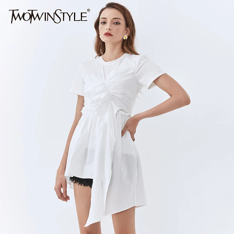 TWOTWINSTYLE Patchwork Ruffle Women Tops O Neck Short Sleeve High Waist Irregular Hem White T Shirt Female Fashion New Tide 2020 TWOTWINSTYLE Patchwork Ruffle Women Tops O Neck Short Sleeve High Waist Irregular Hem White T Shirt Female Fashion New Tide 2020