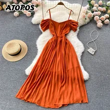 

Atopos Women Off Shoulder Sling Chiffon Dress Summer Beach Pleated Solid Dresses Fashion Elegant Vestidos Holiday Sundress 2022