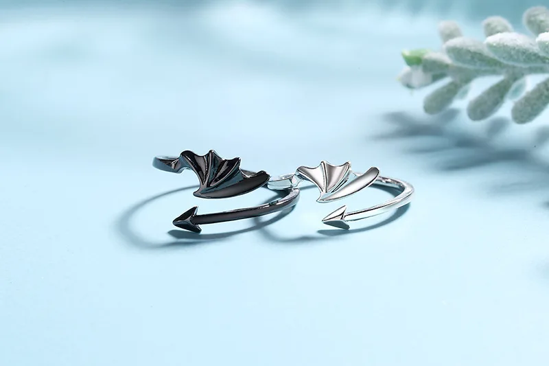 Ангел Дьявол в форме крыла, черное серебро, креативная простота, дизайнерское кольцо, пара влюбленных, открытые кольца для мужчин и женщин, ювелирные изделия
