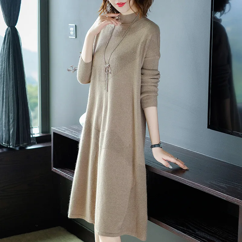 Herfst Breien Jurk Vrouw Half Hoge Lood Lange Mouwen Een Woord Jacquard Weave Effen Kleur Lange De Nieuwe Rok Q185123 Herfst Breien Jurk Vrouw Half Hoge Lood Lange Mouwen Een Woord Jacquard Weave Effen Kleur Lange De Nieuwe Rok Q185123