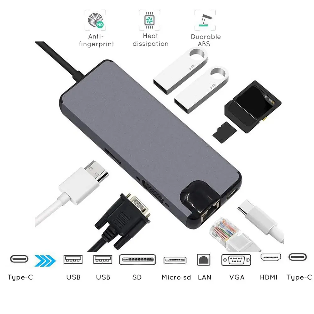 

8 In 1 Type C to 2USB SD Micro SD LAN VGA HDMI USBC Adapter Hub Extend PD Charge Dock 1000 Mbps Rj45 OTG Display