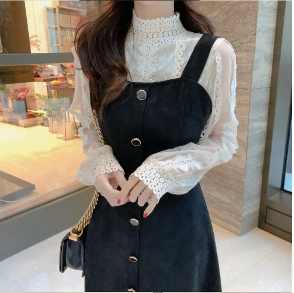 Vintage Dress Outfits Suits Two-Piece Robe Blouse Lace Winter Women Sleeveless Vestido