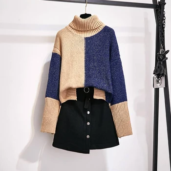 

winter new womens sets knitted turtleneck patchwork sweaters and high waist button irregular skirts lady skirts suits