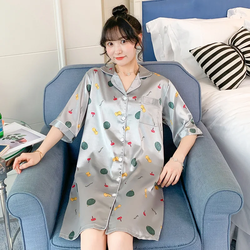 

[Temperature Attitude Warm] Spring Summer Pajamas WOMEN'S Cardigan Long Sleeve Mid-length-Printed Thin Shirt Nightgown