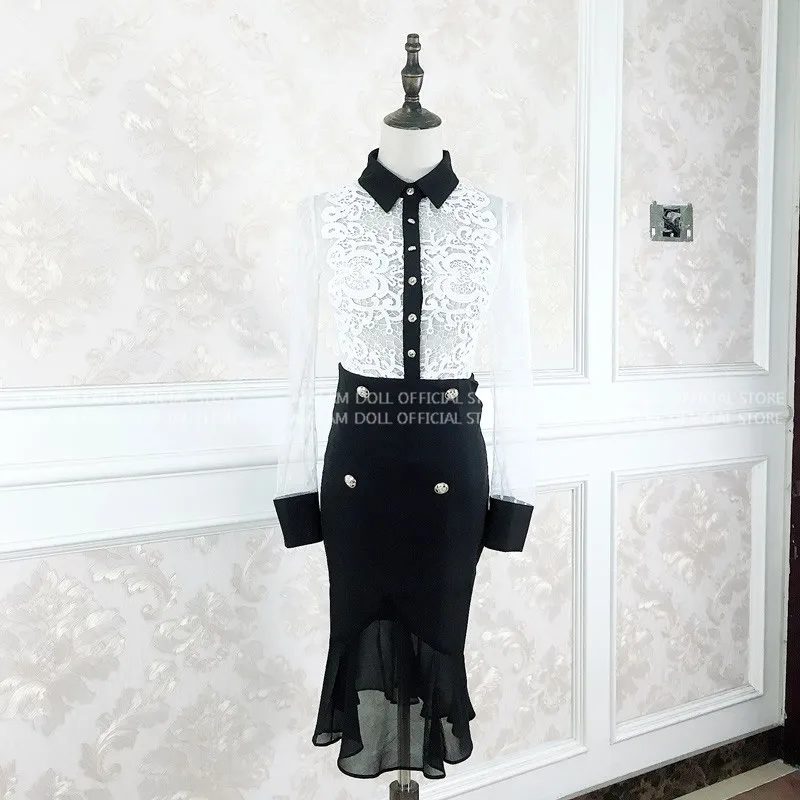 Осенняя Прозрачная Сексуальная кружевная блузка из шифона в стиле пэчворк черная облегающая юбка из двух частей Рабочий костюм платье