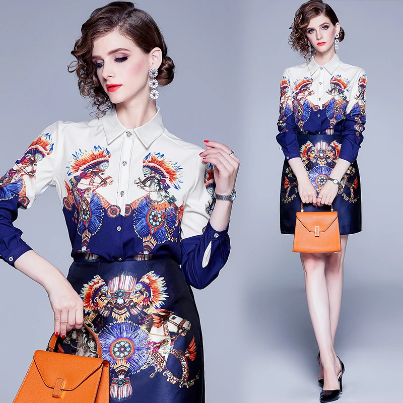 

Banulin Luxious Vintage Hourse Flower Print Blue Skirt Suit Women's Fashion Runway Spring Autumn Blouses Two Piece Set 2019 New