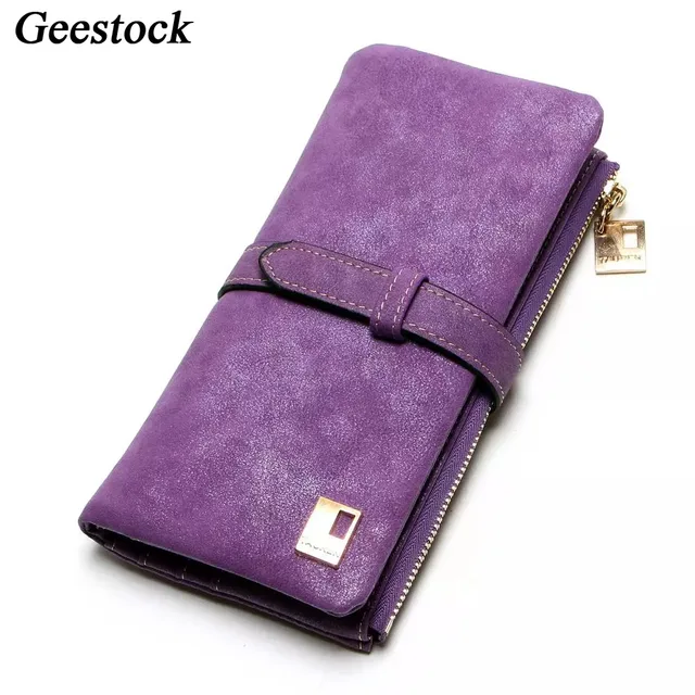 Geestock Women Wallet Coin Purse PU Matte Two Fold Wallets Zipper Mobile Phone Design Card Holder Ladies Clutches Wallet Purple