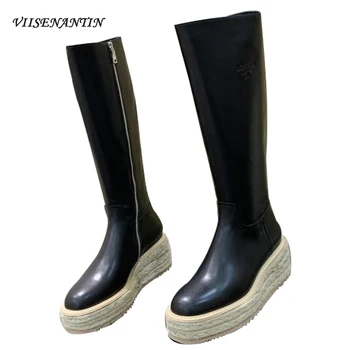 

Genuine Leather Round Toe Long Chelsea Combat Boots for Women High Heel Knitting Sole Platform Autumn Designer Zapatos De Mujer