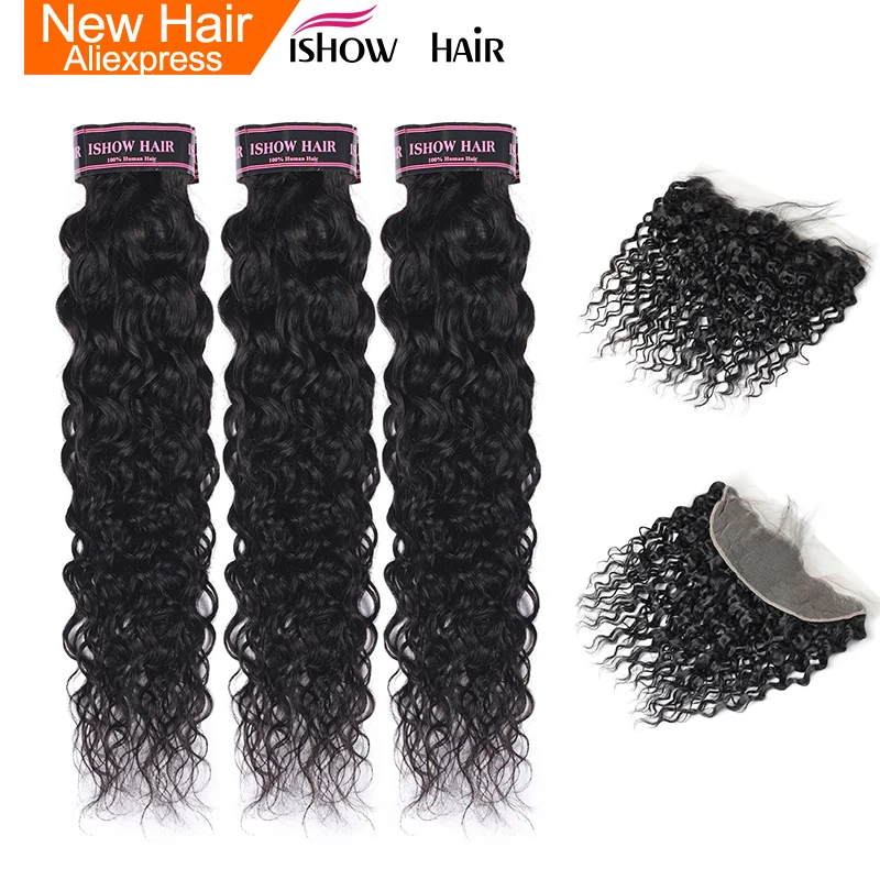 

Ishow Water Wave Bundles With Frontal Pre Plucked Indian Hair 3 Bundles With Closure Non Remy Human Hair Bundles With Closure