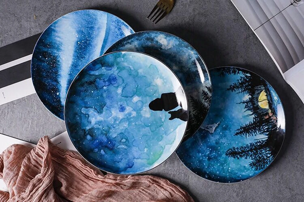 Europe Sky Tableware Dessert Plates Bone China Breakfast Plate Round Dinner Dish Pastry Fruit Cake Platter Home Decoration (7)