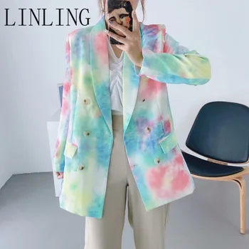 

LINLING Women's 2020 Autumn New Colorful Tie-Dye Double Breasted Suit Jacket Office Ladies Work Blazer XZ020