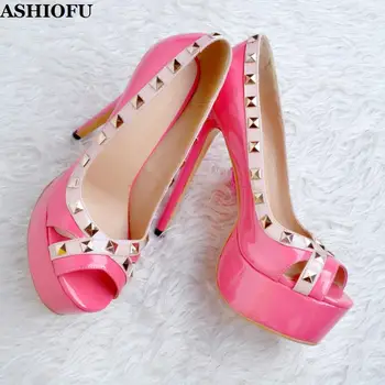 

ASHIOFU Handmade Real Photos Ladies High Heel Pumps Rivets Spikes Wedding Party Dress Shoes Platform Peep-toe Evening Pump-shoes