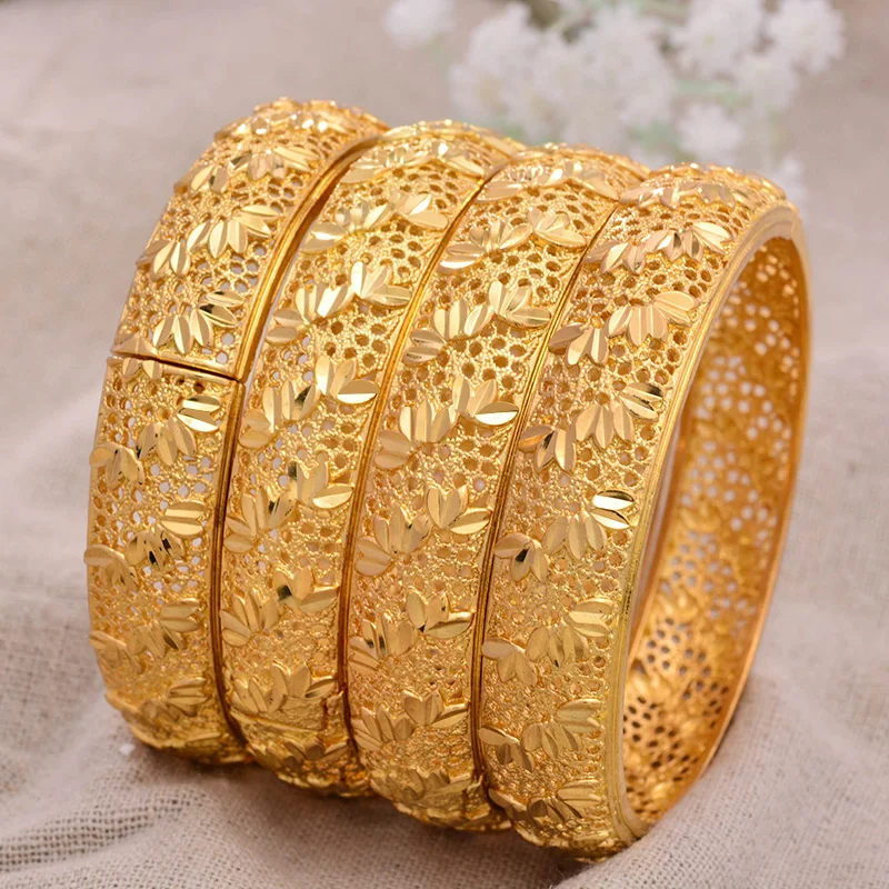 

4Pcs/lot 24K Dubai India Ethiopian Gold Color Bangles For Women girls Bamboo leaves Wedding party jewelry Bangles&Bracelet gifts