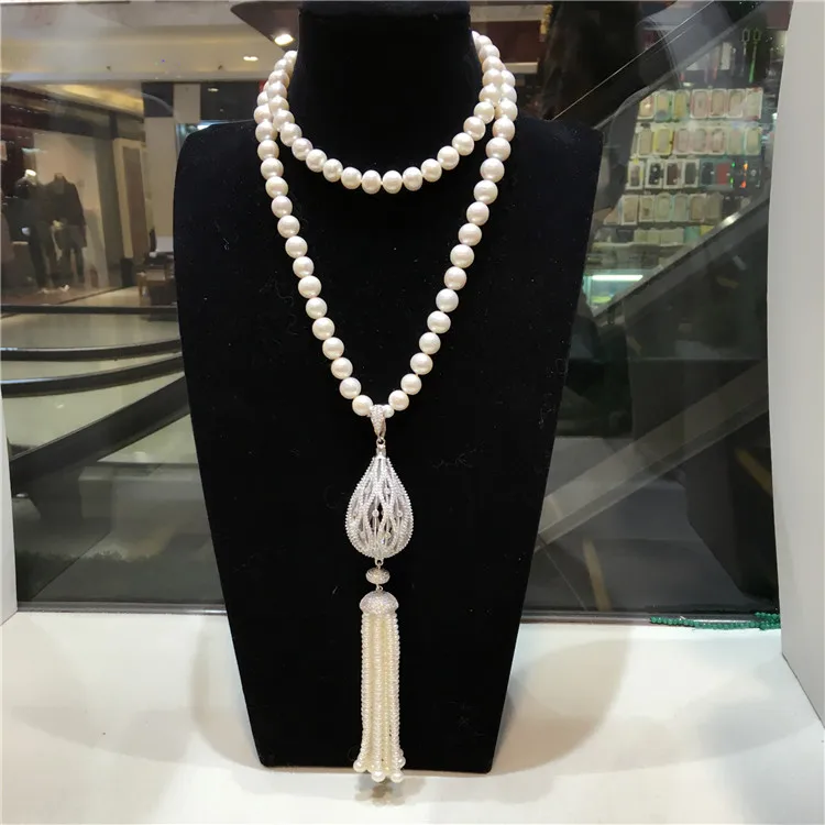 

Hand knotted 9-10mm white natural freshwater pearl micro inlay zircon tassel long 30“inch sweater chain necklace fashion jewelry