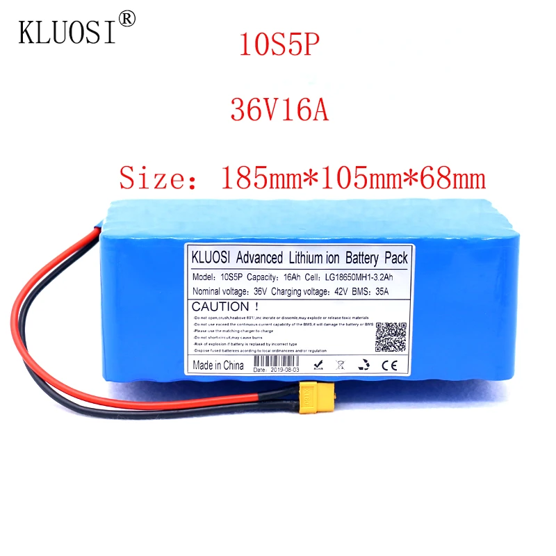KLUOSI 36V 10S5P 16Ah 1200W High Power &amp Capacity Li-ion Battery Pack for Electric Car Bicycle Motor Scooter 35A Balanced BMS |
