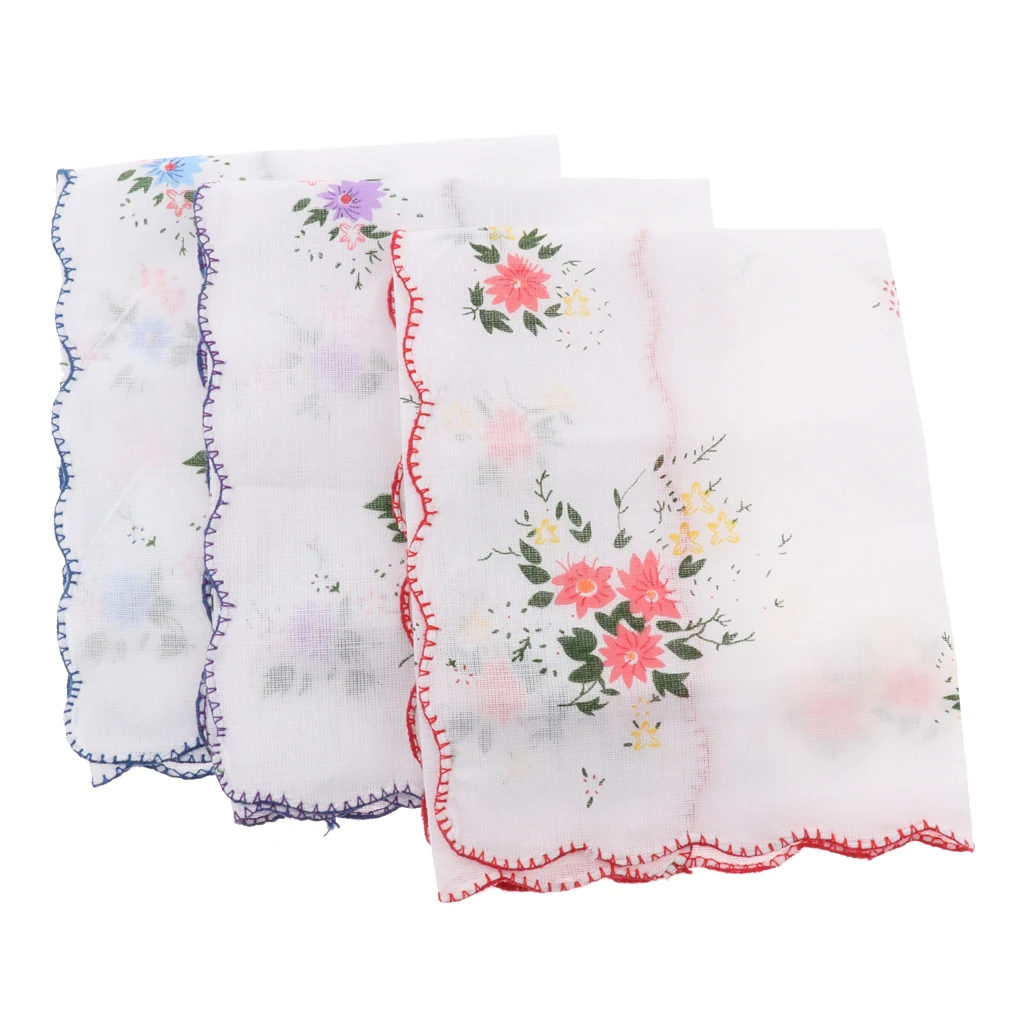 3 Pack Flower Embroidered Handkerchief Women 100% Cotton Square Pocket Hanky Girls Cute Wavy Edge Kerchiefs Hankie