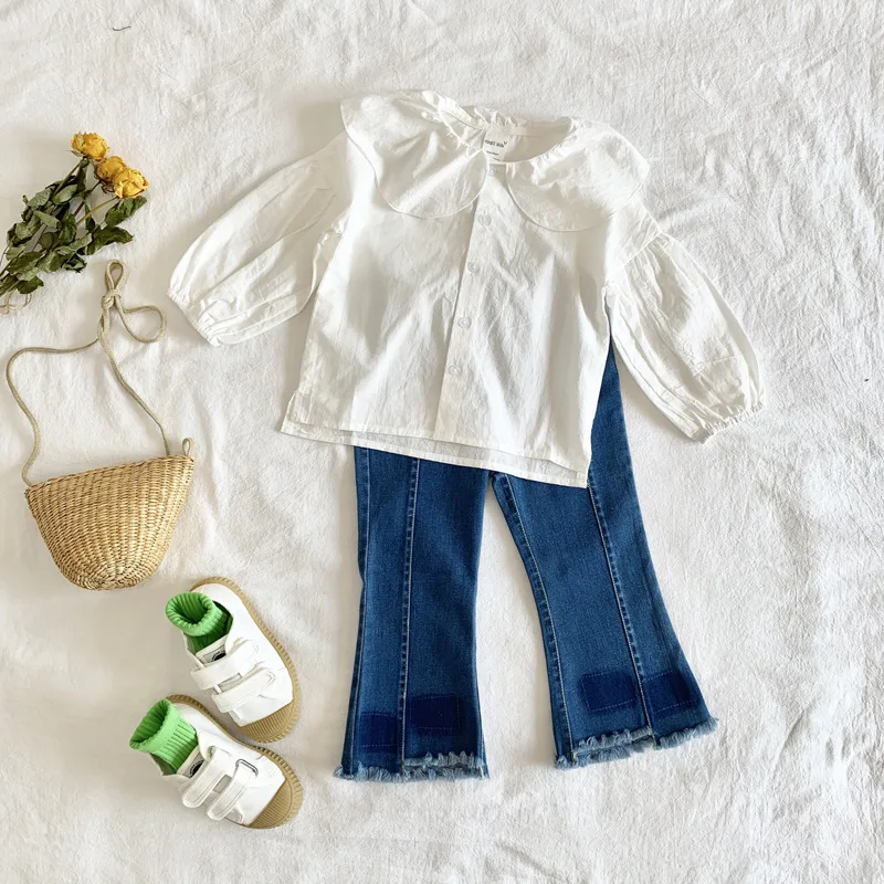 

Virgilkids2019 New Style GIRL'S Shirt Girls Fold-down Collar Short in Front Long Shirt