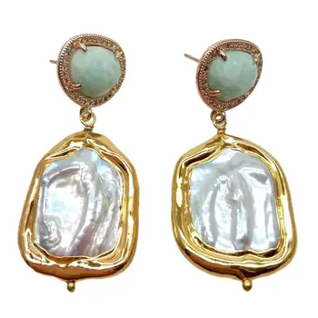 

Cultured Rectangle White Keshi Pearl Green Amazonite gold color plated Stud Earrings classic style