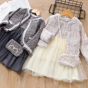 

2019 autumn new medium and small children's jacket foreign small fragrance set solid color jacket plus long skirt plus bag